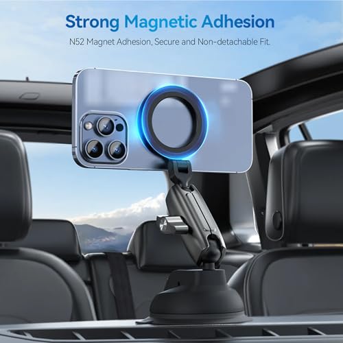 Image of TELESIN Magnetic Car Phone Holder with Suction Cup | 360 Adjustable Dashboard & Windshield Mount | Aluminum Phone Stand Compatible with MagSafe iPhones & Android Smartphones