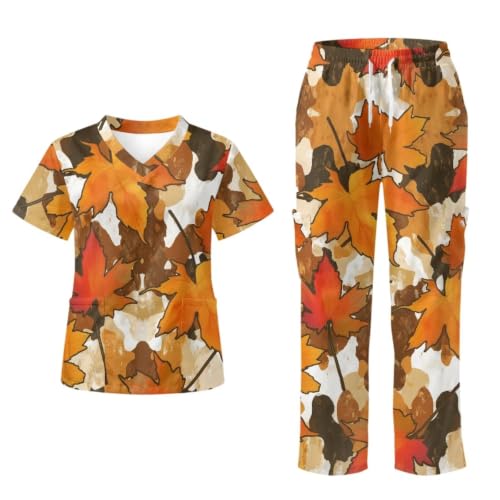 Jndtueit Orange Maple Leaf Fall V-Neck Scrub Top & Pant Set for Women, Short Sleeve Medical Uniform with Pockets Stretch Fabric
