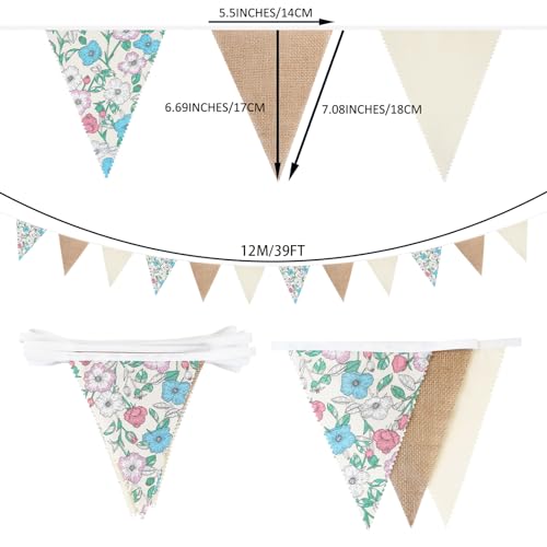 Image of Zwiebeco 39Ft Beige Floral Fabric Pennant Banner Vintage Burlap Triangle Flag Retro Flower Bunting Party Decoration for Birthday Engagement Wedding Bridal Baby Shower Rustic Village Home Garden Decor