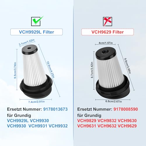 6 Stück Ersatzfilter für Grundig VCH9929L VCH9930 VCH9931 VCH9932 2 in 1 Akku-und Handstaubsauger,Hepa Filter Ersatzteile Teilenummer 9178013673