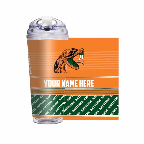 Rico Industries NCAA Florida A&M Rattlers - FAMU Standard 24oz Personalized Tumbler W/Hinged Lid - Team Colored Travel Tumbler - Keeps Drinks Cold or Hot
