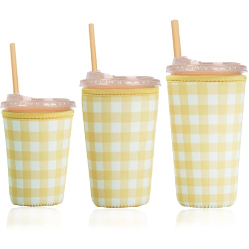 Image of Reusable Insulated Sleeve for Iced Coffee Cup, 3-Pack Coffee Neoprene Drink Sleeve for Cold & Hot Drinks, Beverage Holder for Iced Coffee (Butter Gingham)