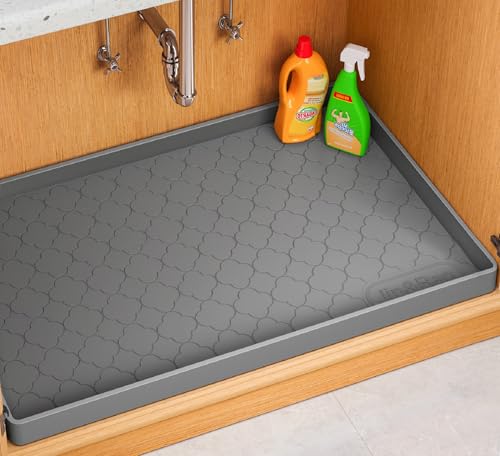 Jin&Bao Waterproof Under Sink Mat 34 x 22 Thick Silicone Mat Cabinet Protector for Kitchen and Bathroom Shelf Liner Home Organizer and Storage Multipurpose Tray for Gadgets and Essentials