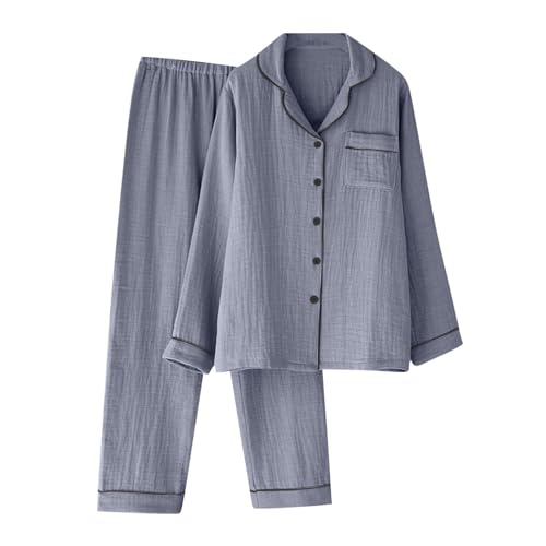 Mens Cotton Pajamas Sets Solid Pocket Comfy Sleepwear Long Sleeve Loungewear Button Down Pajamas and Long Pants