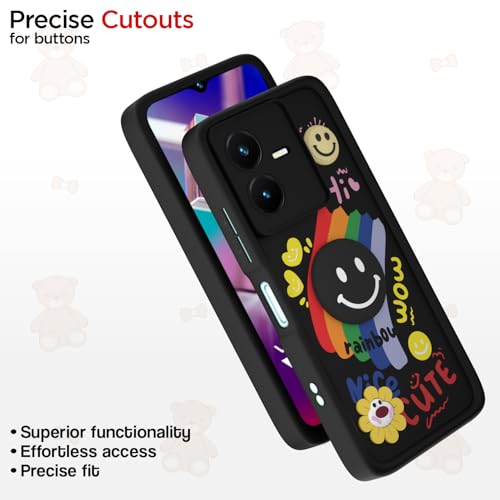 Image of Pikkme Back Cover for Vivo Y22 | Soft Silicone| Cute Rainbow Smile & 3D Cartoon Flower Design | Shockproof Raised Camera Protection Bumper Case (Black)