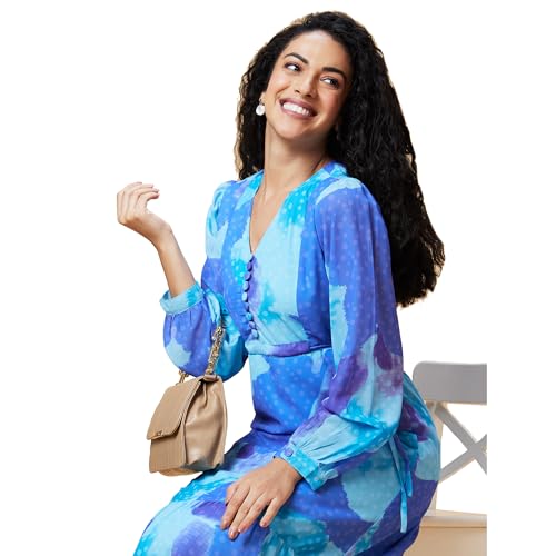 Image of Globus Women Pink Abstract Print V-Neck Casual Tie-Up Fit and Flare Tiered Maxi Dress-3639580001