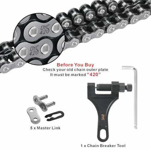 Image of DYC 420 Chain 138 Links Cut-to-Fit w /Master Link & Chain Breaker Tool for Mini Bike, Pit Bike, Dirt Bike, ATV & Go Kart (Coleman, Baja, SSR, TaoTao, Coolster, Apollo, Kazuma, TrailMaster, Massimo)