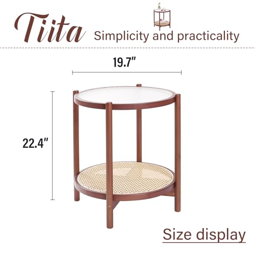 Image of Tiita Walnut Rattan End Table with Storage, Bamboo Glass Top Side Table | Open Storage Keeps Books and Decor Organized, Coordinated Pieces Fit Beside Sofas or Beds in Living Rooms and Bedrooms