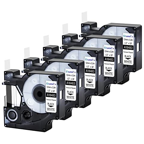 USUPERINK 5 Pack Compatible for Dymo Rhino 18483 Black on White 12mm 1/2'' x 5.5m 18ft Permanent Polyester Label Tape for Rhino 1000 3000 4200 5000 5200 6000 3M PL200 PL300 Industrial Label Makers Cover