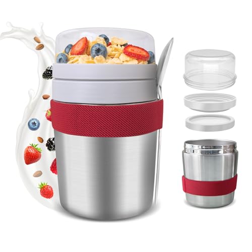 FeinKulturia Müslibecher to Go Edelstahl mit Löffel Vakuumisolierter Joghurtbecher to Go 500ml+220ml Müslibecher Müslischale Müslidose Frühstücksdose Müslibox Joghurt Box to Go für Porridge Joghurt