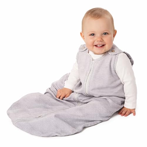Image of Baby Deedee Sleep Nest Lite - Cotton Sleep Sack 0.6 TOG 0-6M Gray Stripe | Patented shoulder snaps and full-length zipper support easy dressing and diaper changes for warmer routines