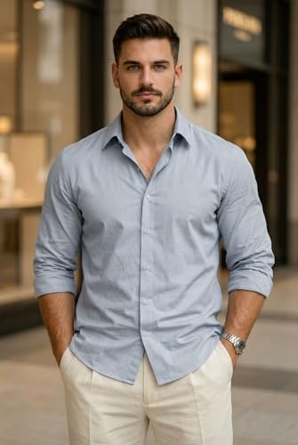 Image of IndoPrimo Men's Cotton Shirt with Stylish Full Sleeves Spread Collared Neck Solid Pattern Western Style Classic Fit and Standard Length | Casual Shirt for Man