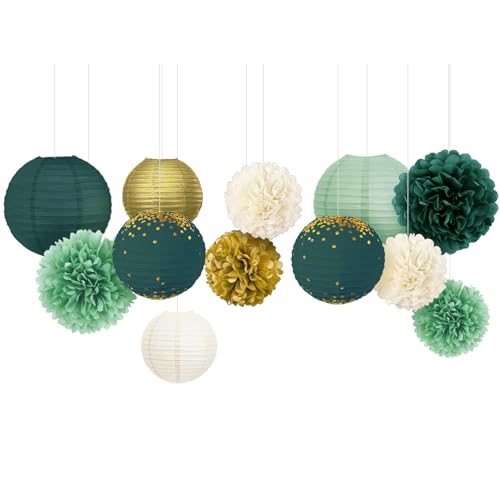 NICROLANDEE Décorations de mariage vertes, lot de 12 pompons en papier de soie vert et doré et lanternes en papier - Décoration de fête pour enterrement de...