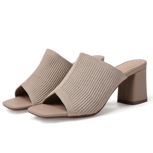 Image of Tilocow Knit Heeled Sandals for Women Square Open Toe Heeled Mules Chunky Block Low Heel Slip On Slides