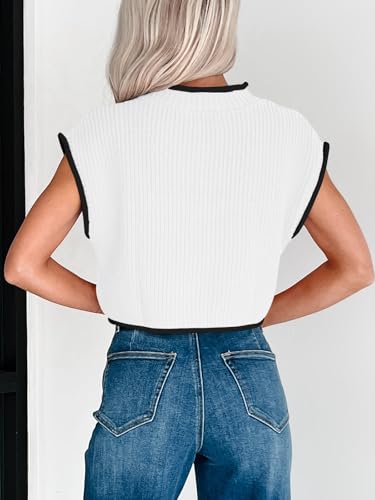 Womens Cap Sleeve Crop Tops Summer High Neck Contrast Color Sweater Vest Ribbed Knit Sleeveless Tank Top4