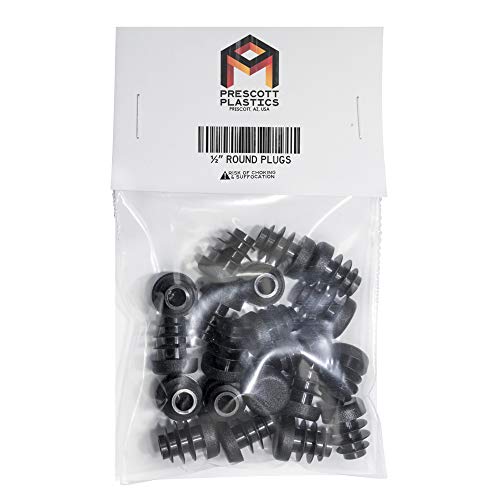 Image of Prescott Plastics 1 /2 inch (12.7mm) Outer Diameter Ribbed Plastic Hole Plugs, Round Black Metal Tubing End Caps, Strong Furniture Leg Inserts, Impact & Weather Resistant, Made in The USA - 20 Pack