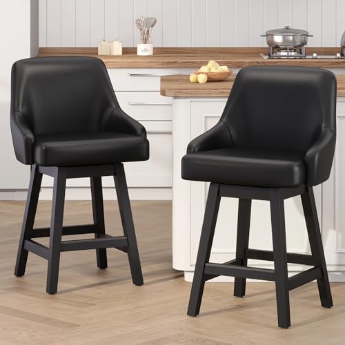 Image of YaFiti Swivel Counter Height Bar Stools Set of 2, 24 inch Modern Faux Leather Barstools with Back, Widen Upholstered Seat, Hardened Wood Legs for Kitchen Counter, Island, Dining Room, Black