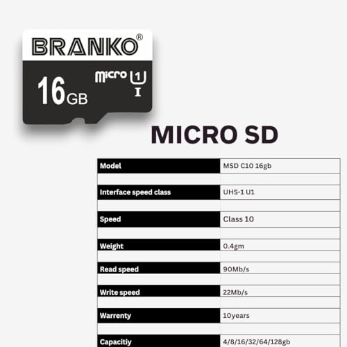 Image of BRANKO Micro SD Card 16 GB | Upto 120 MB /s Read | Class 10 Memory Card for 4K Video on Smartphones Tablets