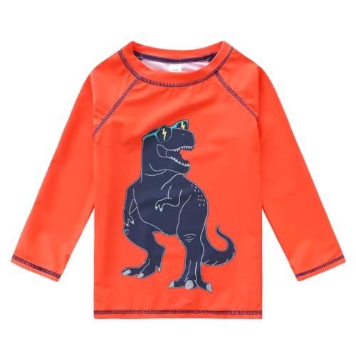 Toddlers and Baby Boys' 3-Piece Swimsuit Trunk and Rashguard Sun Hat Set (3-4 T,Orange Dinosaur)