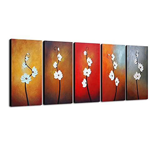 Wieco Art Colorful Flowers Oil Painting on Canvas Wall Art Ready to Hang for Living Room Bedroom Home Decoration Modern 5 Piece 100% Hand Painted Gallery Wrapped Contemporary Abstract Floral