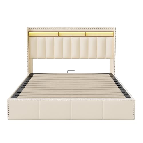 Marooma Marco de cama doble de terciopelo acolchado con iluminación LED y estación de carga, 140 x 200 cm, plataforma moderna con estantes de doble capa, para dormitorio, beige (140 x 200 cm)