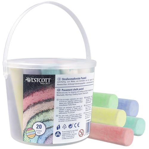 Westcott tizas pastel de carretera | 20 tizas de colores para niños en un práctico cubo para transportar | fácilmente lavables | aptas para asfalto, pizarras o piedra | E-744985 00