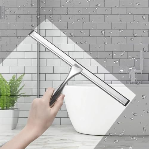 Image of J&V TEXTILES All-Purpose Stainless Steel Shower Squeegee for Glass Doors with Adhesive Hooks, Squeegee for Shower Glass, Bathroom Household Cleaner Tool, 10 Inch (Silver)