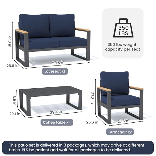 Image of Sundale Outdoor Aluminum Patio Furniture Set, 4 Piece Outdoor Conversation Sets with Coffee Table and Washable Thick Cushions, All Weather Outdoor Sectional Set for Deck, Lawn, Yard (Navy Blue)