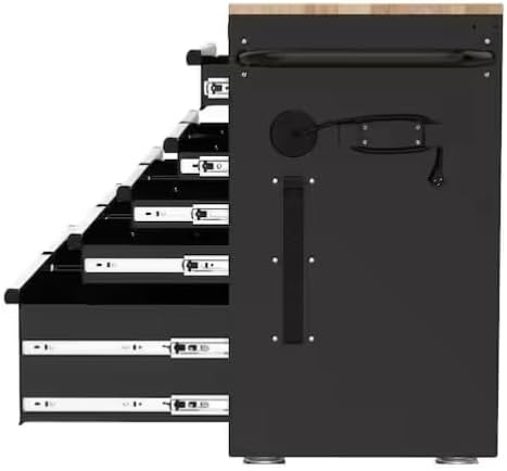 46 in. W x 18 in. D 9-Drawer Mobile Workbench Cabinet, Gloss Black, Steel, Solid Wood Top, with Power Strip and Casters