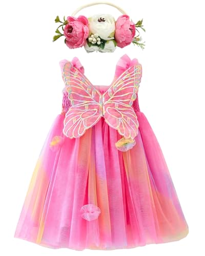 BGFKS Baby Girl Rainbow Floral Tutu Dress,Toddler Girls Birthday Party Princess Dresses with Floral Headband(Rainbow,5-6Y).