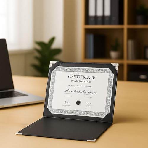 Diplomhalter aus Kunstleder, A4, glattes Leder mit silberfarbenem Schutzrand für Zertifikatshüllen und Zeugnismappe für stilvolle Diplom-Präsentation, Marineblau (Schwarz)