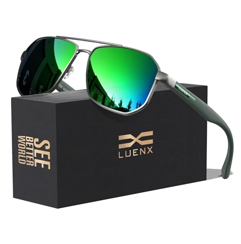 LUENX Aviator Sunglasses for Men Square Polarized Polygon Shades UV400 Sun Glasses 61mm Green Mirror Lens Matte Frame