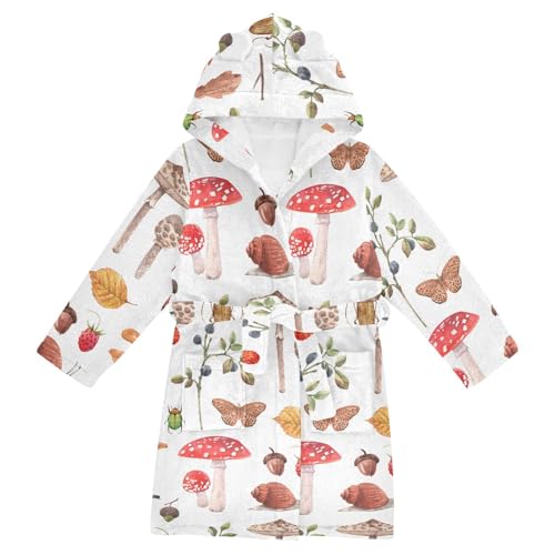 WIFIU Toddler Baby Hooded Bathrobe for Boys Girls Autumn Mushrooms Berries Snail Printed, Soft Plush Bath Towel Robe with 2 Pockets for 10-12 Years
