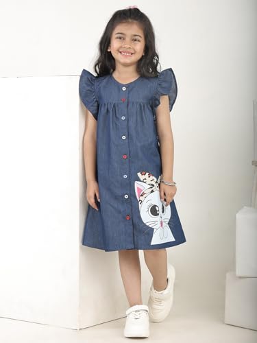 Image of superminis Girls Denim Solid Color Half Sleeves Dress with Embroidered Pocket (1 Dress)