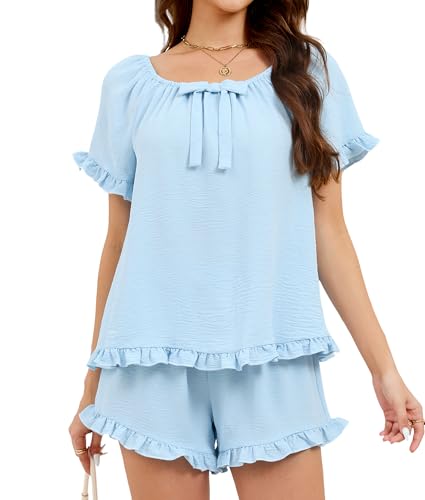 Image of KFUBUO Womens Pajamas Set 2 Piece Ruffle Pj Soft Short Sleeve Tops and Shorts Sleepwear Set Cute Pajama Sets for Women