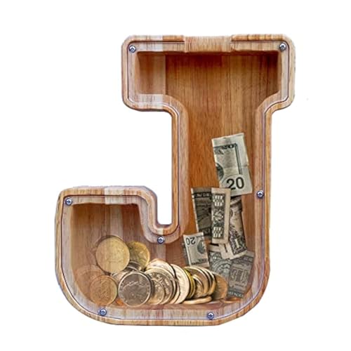 Large Piggy Bank for Kids Boys Girls, Personalized Wooden Letter Piggy Bank with Cut-Out Design, Alphabet Letter Coin Banks, Money Savings Box,Birthday Present for Kids Adults and Home Decoration (J)