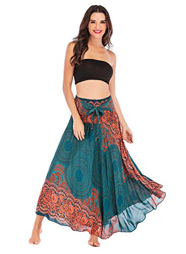 OMZIN Women's Long Bohemian Maxi Skirt Hippie Gypsy Boho Dress Green Orange