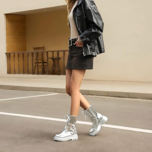 Women's Metallic Mid Calf Boots Platform Chunky Heel Silver Combat Boots Lace up Metal Buckle Zipper3