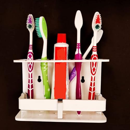 Image of Wall Mounted self Adhesive Acrylic Tooth Brush /Toothpaste Holder /Stand /Tumbler /Toothpaste for Bathroom Stand Organizer Rack for Home (Acrylic Stand) (Bih White)