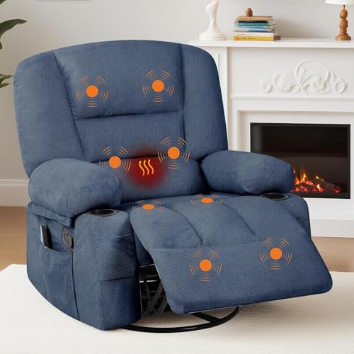 Image of Oversized Manual Swivel Recliner Chair for Adults, 360 Swivel Rocker Glider with Vibration Massage & Heat, Extra Wide Chenille Fabric Lazy Chair for Living Room Bedroom, Blue Chenille