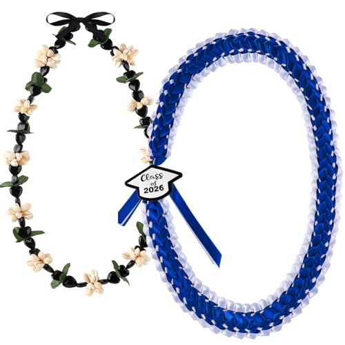 Collier hawaïen noir diplôme avec ruban cauris et fausses feuilles Junkin x2