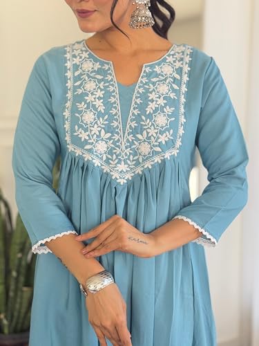 Image of Naixa Women's BSY Viscose Embroidered Flared Kurta with Pant and Dupatta Sets (Available in Plus Size) (NX-686)