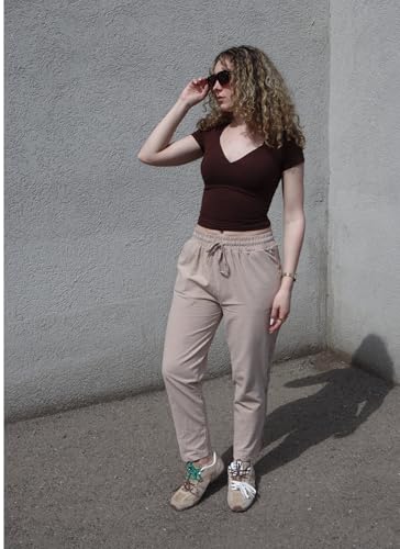 Puimentiua Sommerhose Damen Leicht,Dünne Leinenhose Sommer,Lockere Luftig Sommerhosen,Elegante Spitze 7/8 Hose Damen,High Waist Linen Pants Mit Tunnelzug Und Taschen (Khaki,M)