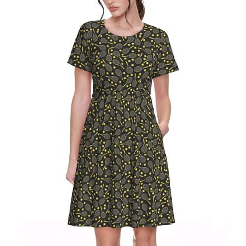ERCgad Divertidas raquetas de tenis y pelotas de tenis estampadas para mujer, vestido de manga corta para oficina, fin de semana, vacaciones, fiesta, uso diario, versatilidad, Negro, L