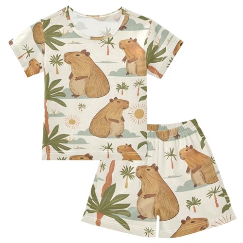 ALAZA Capybara Palm Tree Sun Pajamas Short Sleeve 2 Piece Sleepwear Top and Bottom Pajama Set Unisex