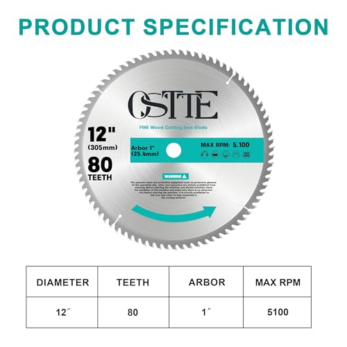 Image of 12-Inch 80T Miter Saw Blade, 1 inch Arbor | Carbide Tipped, ATB Smooth Crosscuts, Hardwood /Softwood /MDF /Plywood, for Miter /Table /Circular Saws