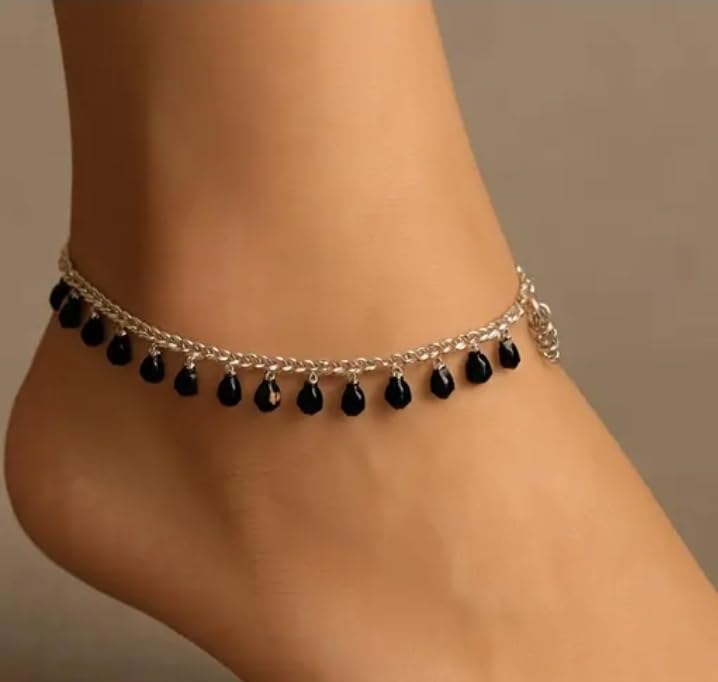 Graceful Black Beads Anklet for Women & Girls, Silver Chain with Black Bead Charms, 9.5 Inch, Pack of 2-image-31