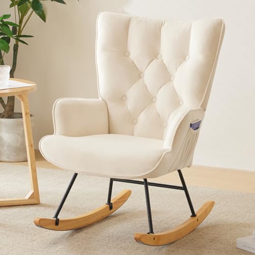 Image of Karl home Rocking Chair Nursery Velvet Glider Rocker with High Backrest Accent Rocking Armchair with Side Pockets for Living Room, Bedroom, Nursery, Home Office, Beige