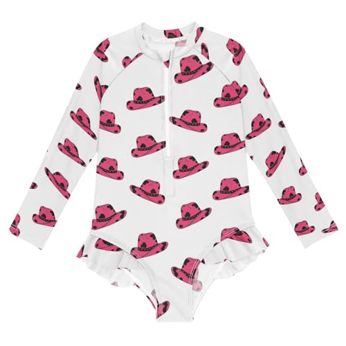 Pink Cowboy Hats Repeated Girls Rash Guard Swimsuits Long Sleeve One Pieces Bathing Suit UPF 50+ Zipper Swimwear