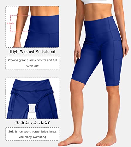 Image of SANTINY Women's High Waisted Swim Shorts with Pockets UPF50+ Long Board Swimming Shorts for Women with Liner